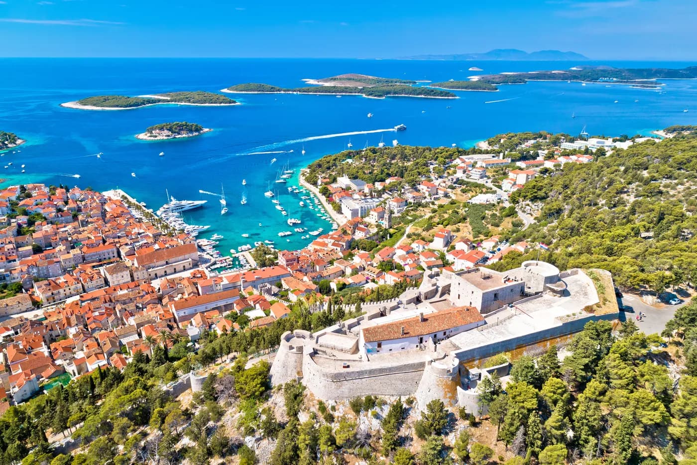 Aerial of Hvar Town and the Pakleni archipelago