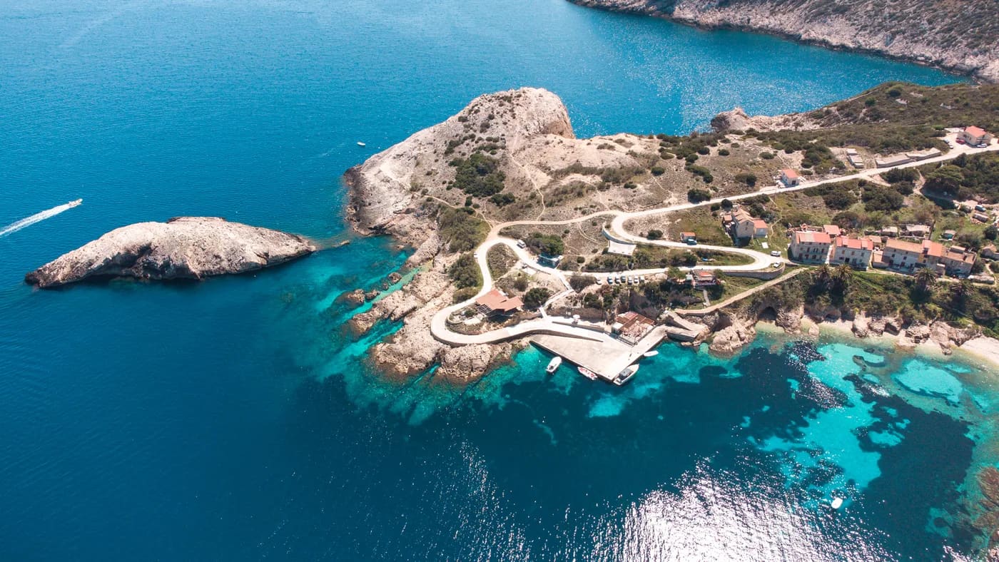 Drone view of the open-sea islands around Biševo and Vis
