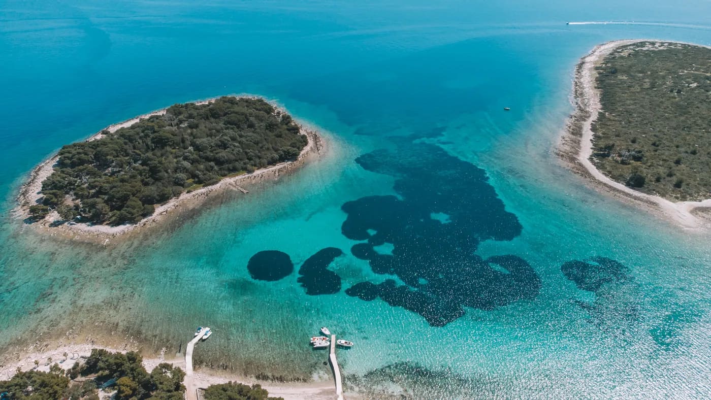 Aerial of the turquoise Blue Lagoon near Drvenik