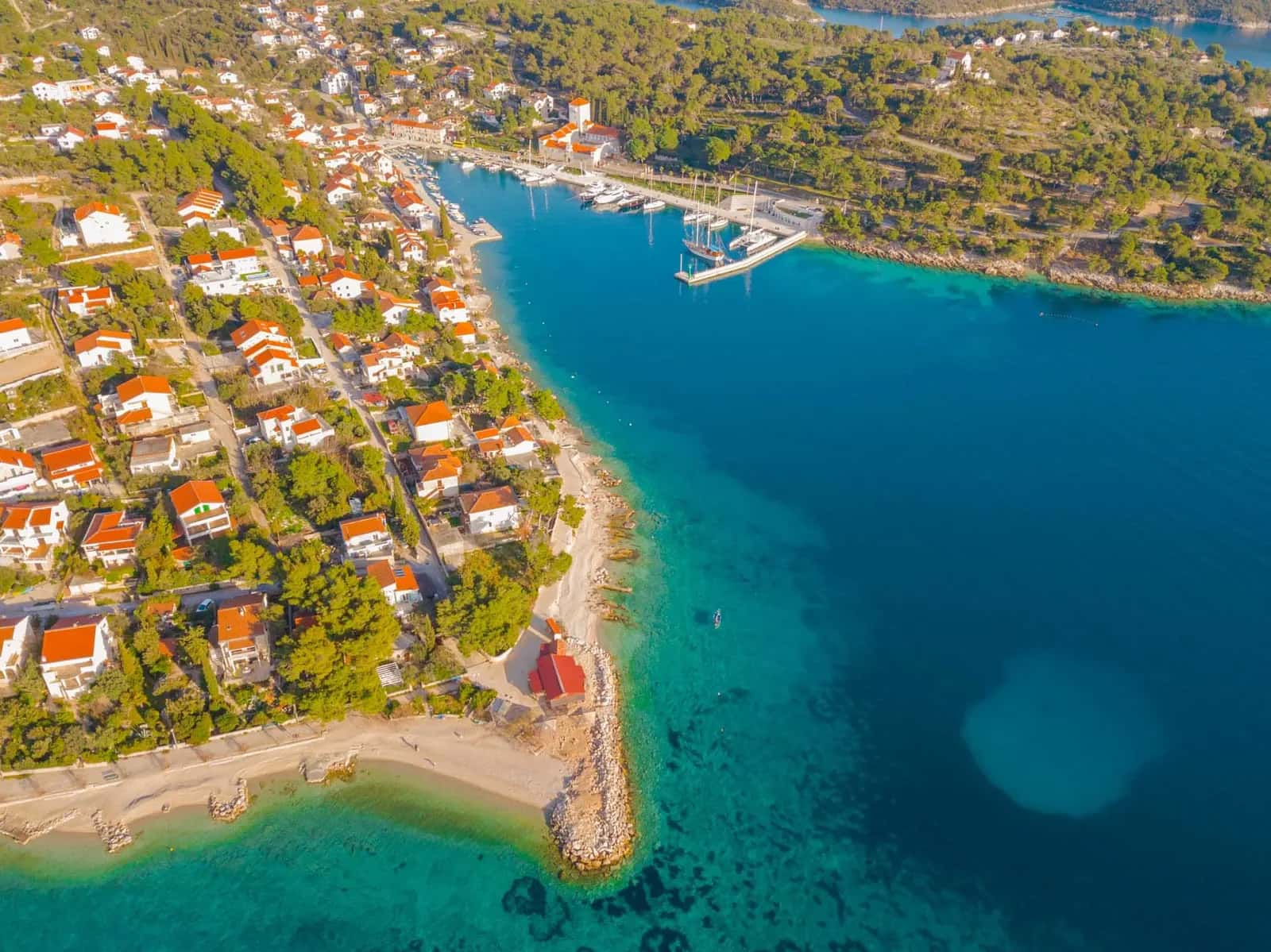Aerial view of a sheltered bay with a speedboat cutting across clear water