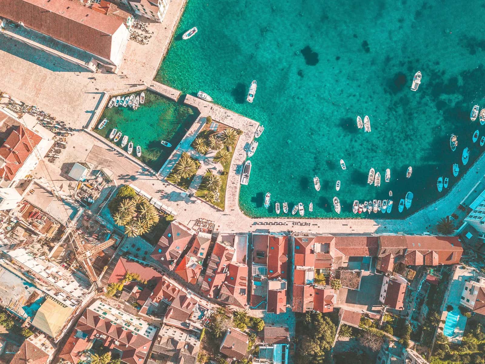 Aerial view of Hvar Town's old harbour and terracotta rooftops